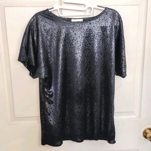 D.K.Gold Paisley Glam Rock Goth Women's Medium Shiny Black & Silver Top